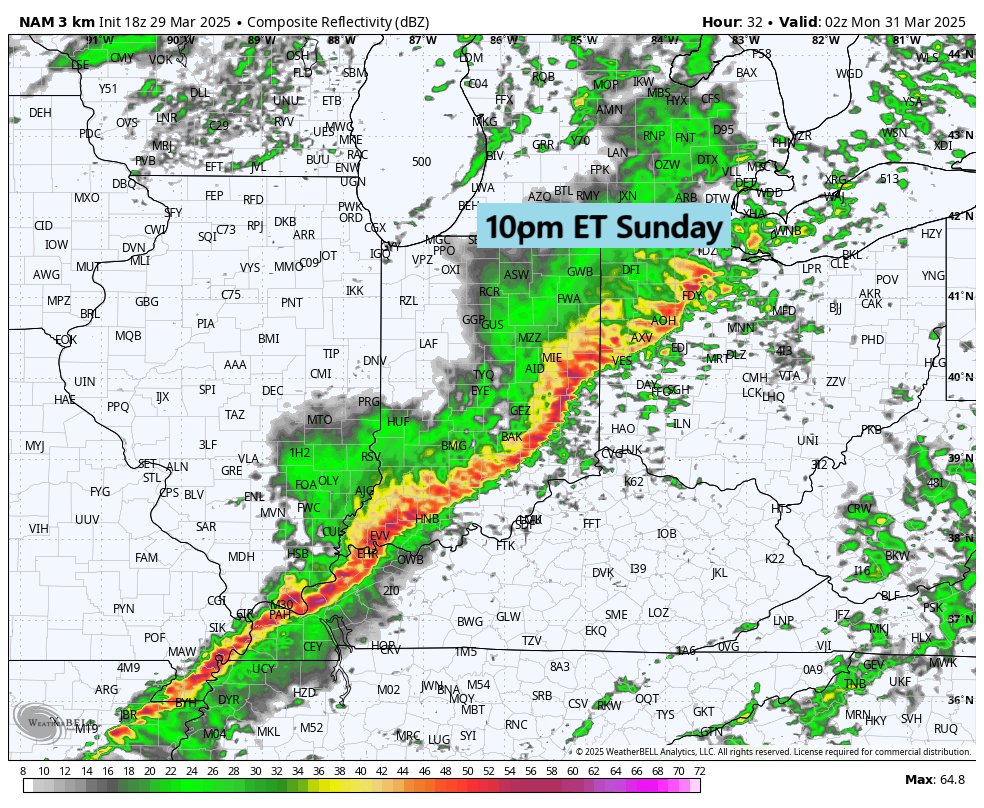 Here's the current thinking on timing with storms Sunday.  Window for severe weather is looking like between about 4p - 11p ET