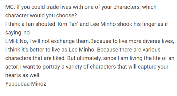 sevennyLMH's tweet photo. MC: If you could trade lives with one of your characters, which character would you choose?
LMH: No, I will not exchange them.Because to live more diverse lives, I think it's better to live as Lee Minho.
#LeeMinHo #이민호 @ActorLeeMinHo https://t.co/j79B60Yzx4