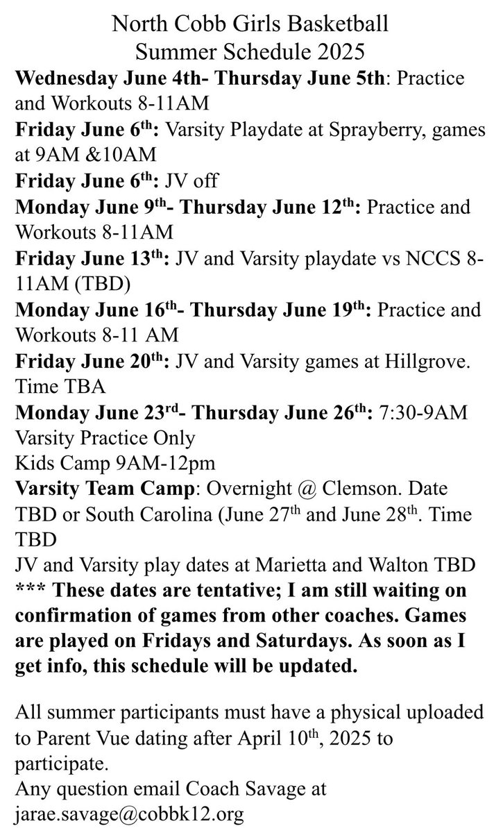 North Cobb Women’s Basketball is gearing up for another summer. This schedule is for incoming 9th graders and high school girls. Any questions email Coach Savage.