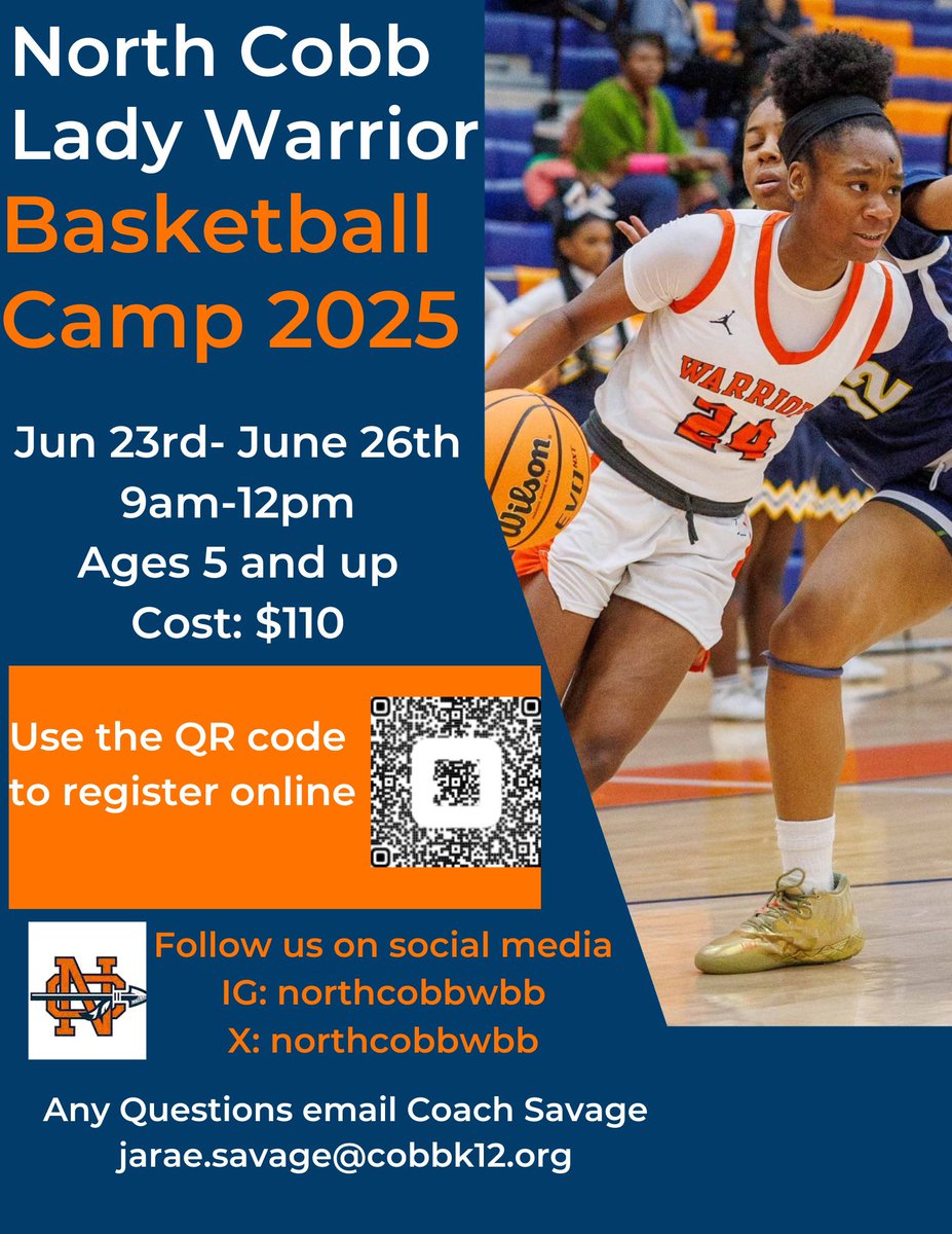 Calling all Jr Warriors ages 5-13. North Cobb Women’s Basketball is hosting our annual kids summer camp!! Sign up today!! Any questions email Coach Savage.