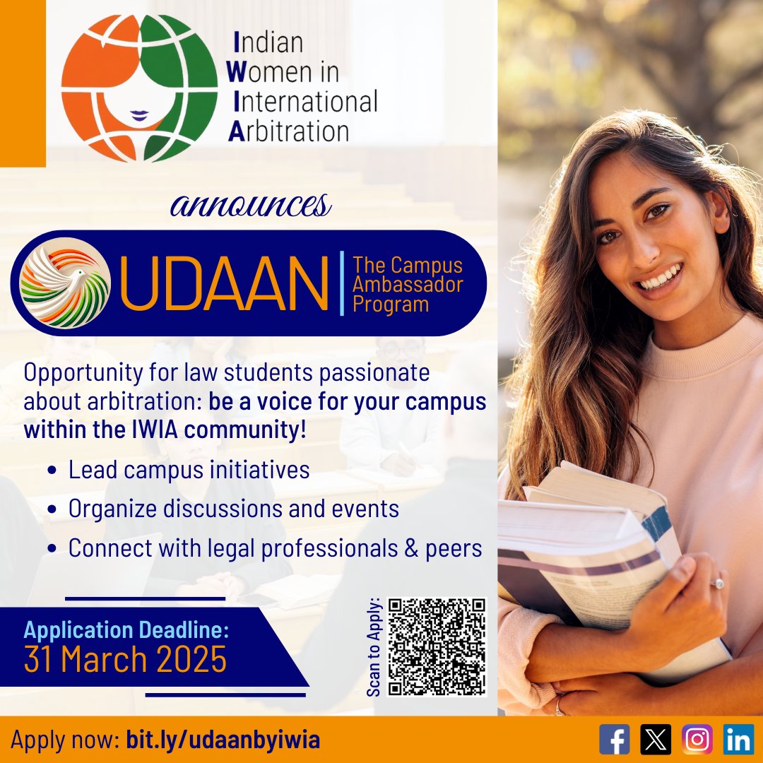 Applications to #UDAANbyIWIA close in 2 days! If you haven't applied yet, better get a move on.

Guidelines for Applying: bit.ly/udaanguidelines
Application Form: bit.ly/udaanbyiwia

#internationalarbitration #campusambassador #lawschoollife #buddinglawyers