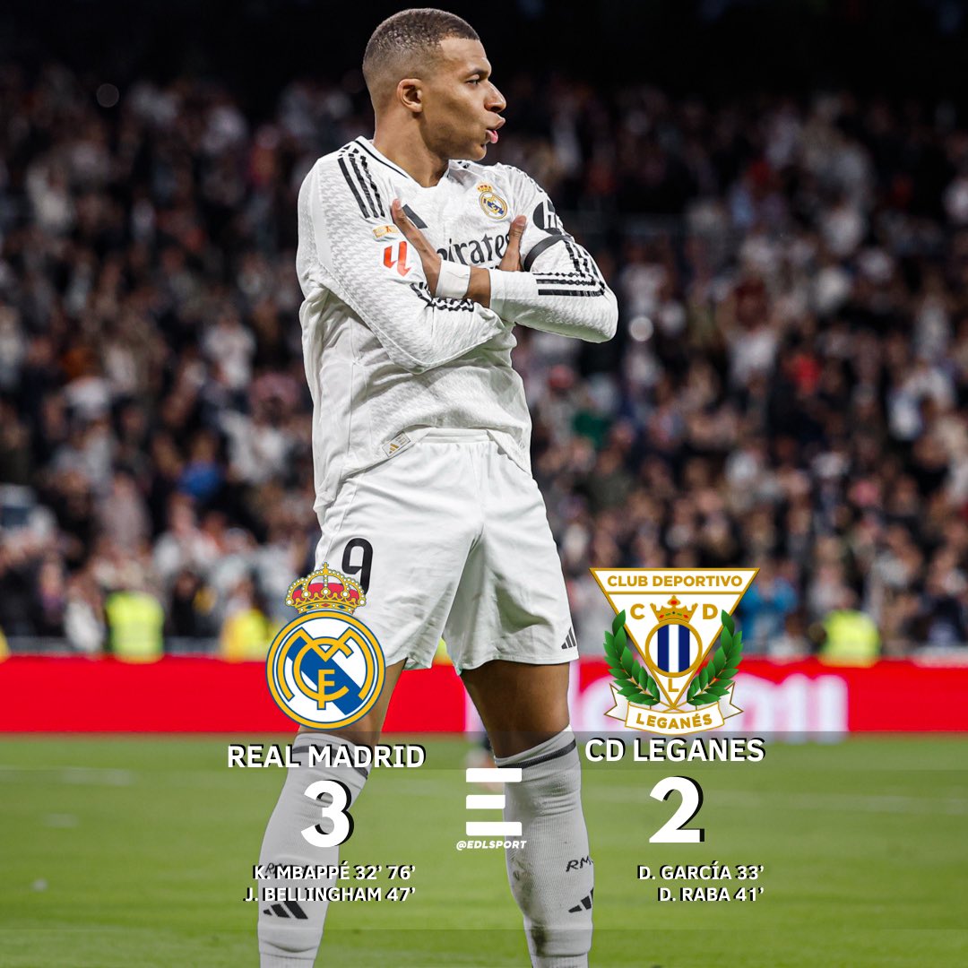 ¡VICTORIA SUFRIDA!⚽️🔥

Real Madrid derrotó al Leganés con un doblete de Kylian Mbappé y continúa en la lucha por la cima de la Liga de España.🇪🇸 

#EDLSport #RealMadrid