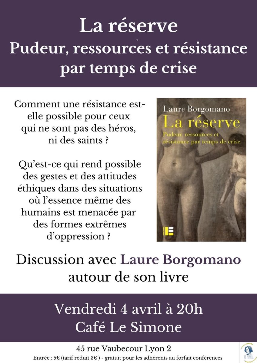 Nous recevrons Laure Borgomano le 4 avril pour un temps d'échange autour de son livre  "La réserve. Pudeur, ressources et résistance par temps de crise".
Le livre est publié aux éditions Labor et Fides, et sa directrice, Marion Muller-Colard, sera aussi présente ce soir-là.