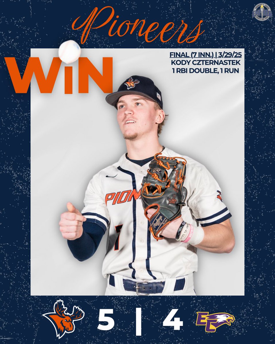 A game one W for baseball in their weekend series against Elmira! 

Game two has been moved to tomorrow. The Pioneers will now face the Soaring Eagles in a Sunday doubleheader starting at 12:00 PM‼️‼️

#FearTheMoose #GoPioneers #Empire8 #d3bsb