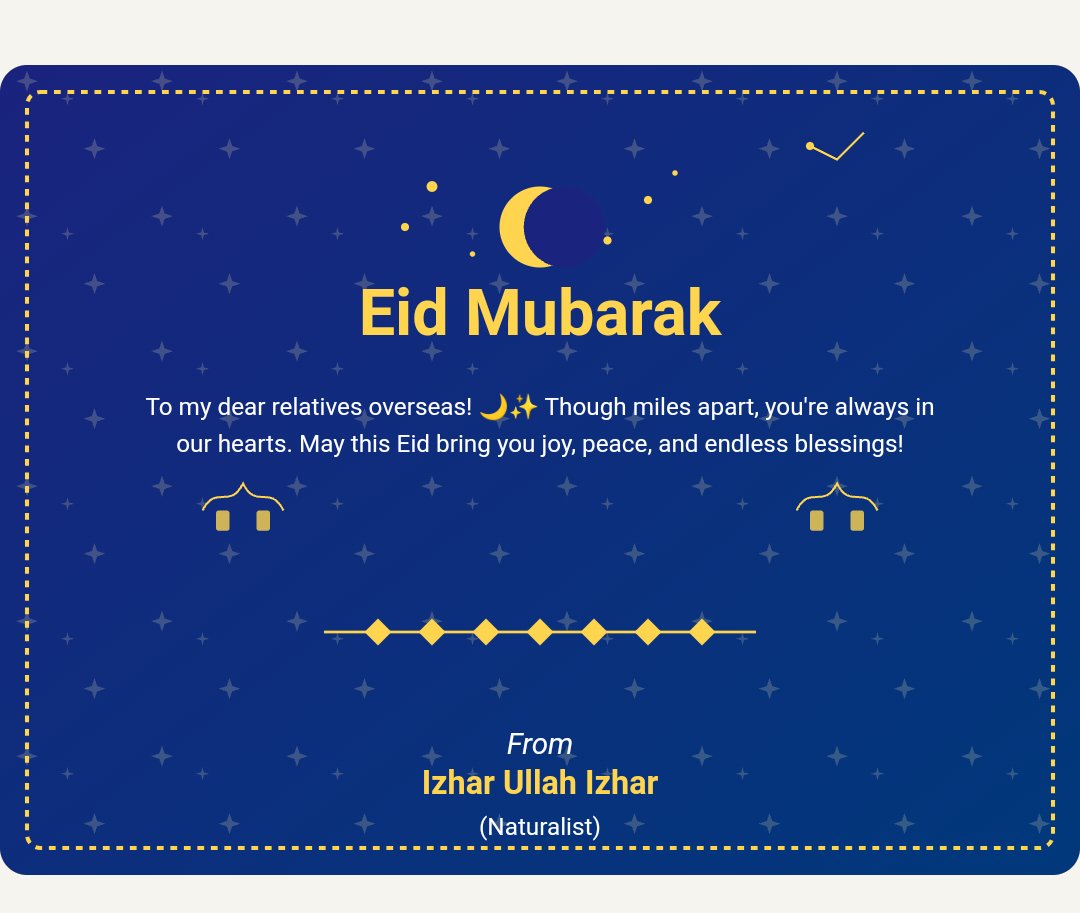 Eid Mubarak to everyone celebrating Eid-ul-Fitr! 🌙✨ 

May this blessed occasion bring you joy, peace, and endless blessings. 

Stay happy and blessed!

#HappyEidUlFitr_Overseas 

#EidUlFitr