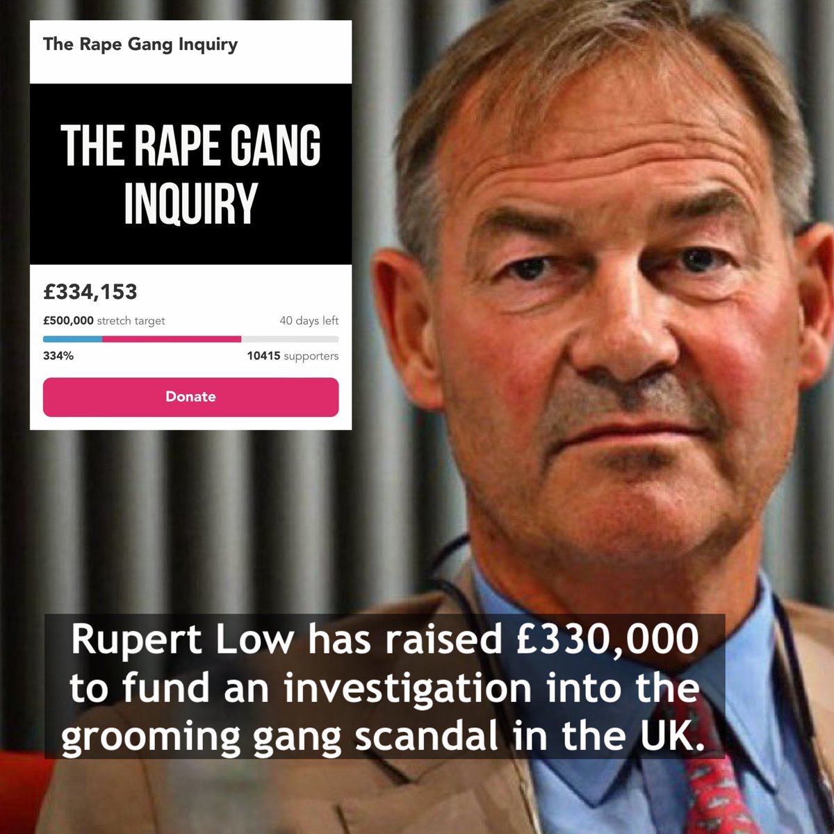 TheBritLad's tweet photo. BREAKING 🚨: Rupert Lowe raises £330,000 within 24 hours for “a public inquiry into the Muslim rape gangs”

Rupert is the ONLY politician in Britain that is standing up for the grooming gang victims.

What an hero and inspiration to the victims. https://t.co/xqYLKkURbT