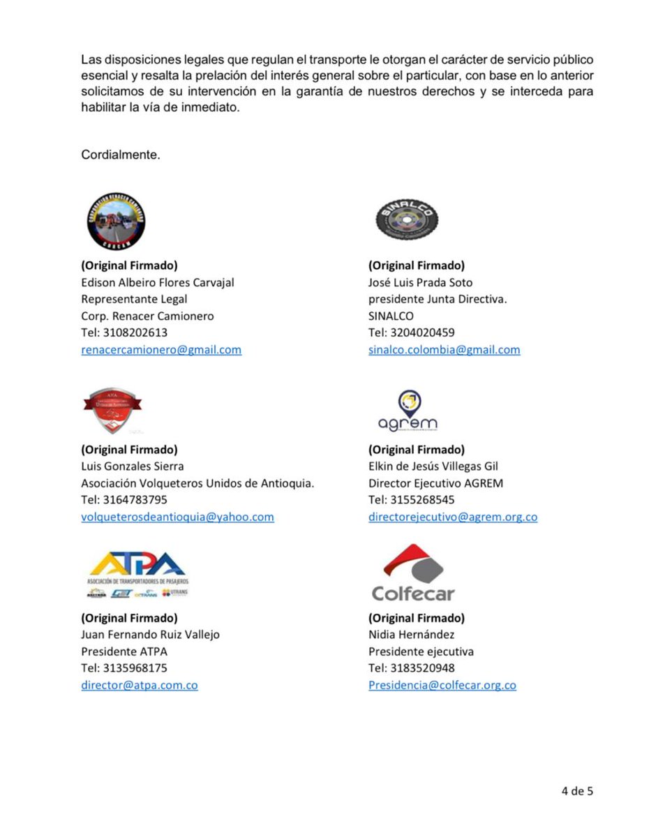 El Gobierno Nacional diariamente permite la violación de los derechos del sector transporte, permitiendo el bloqueo de las vías nacionales
¿Nuestros derechos no valen?
Cómo Ciudadanos que prestamos un servicio público esencial a la nación, solicitamos intervención de la