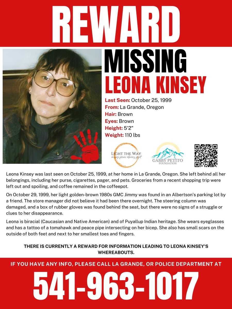 It’s #MissingPosterMonday and we need your help sharing #LeonaKinsey’s flyer to help spread awareness! #Oregon #MondayMotivation #Missing #MMIW #MMIWG #Rewards