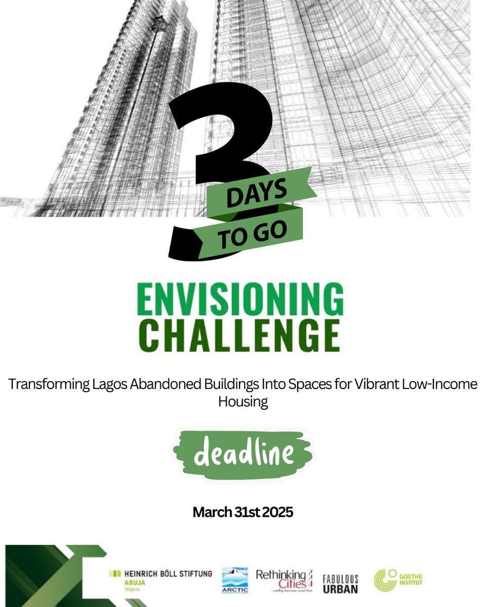 3 Days to Go! ⏳

Time is running out! You have just 3 days left to submit your proposal for the Envisioning Challenge.

Use the link for your submission;

ng.boell.org/en/2025/02/14/…

#EnvisioningChallenge #3DaysLeft #AffordableHousing #UrbanInnovation