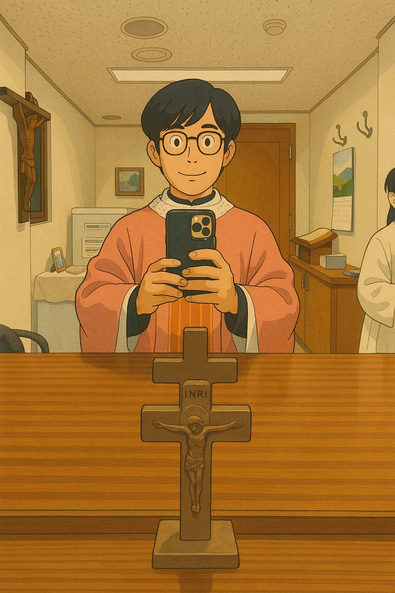 starriday's tweet photo. My selfie of the rose vestment for Laetare Sunday, reimagined in trending Ghibli style—can’t believe this is real! So cool and magical~ #menwearpink #LaetareSunday https://t.co/hJW4RN78js