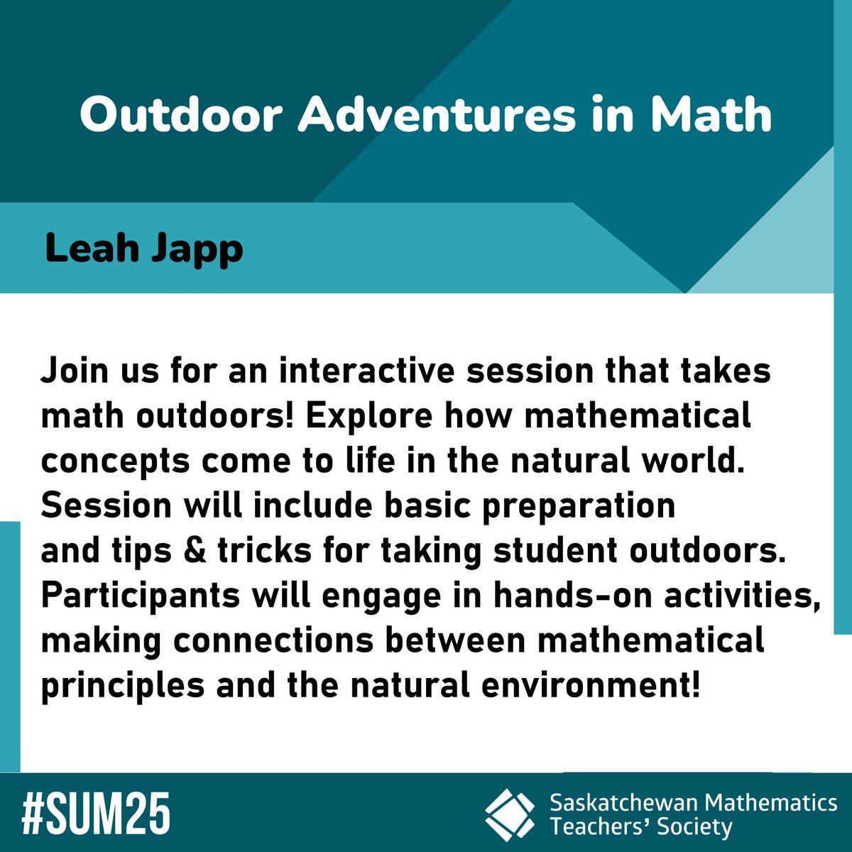 SMTSca's tweet image. ✨ SUM2025 Breakout Session:
🌿Take math outside! Join us for a fun, hands-on session where numbers meet nature. Discover easy prep tips & engaging outdoor math activities to try with your students!
📅 smts.ca/sum-2025/