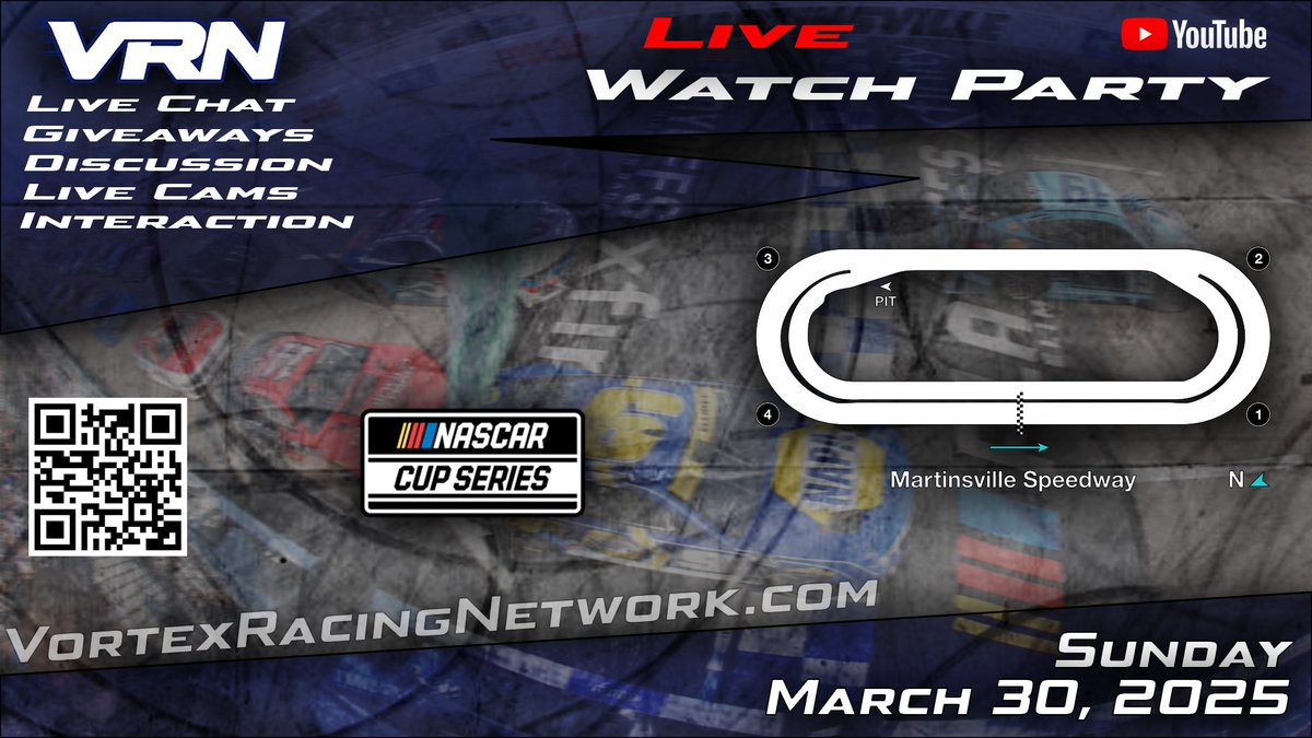 VortexRacingNet's tweet image. Come hang out tomorrow for the Martinsville Cup race!! Get to know the VRN team and watch the race with us! Scan the QR code or visit the YouTube link! Subscribe for a chance to win our Grand Prize!!