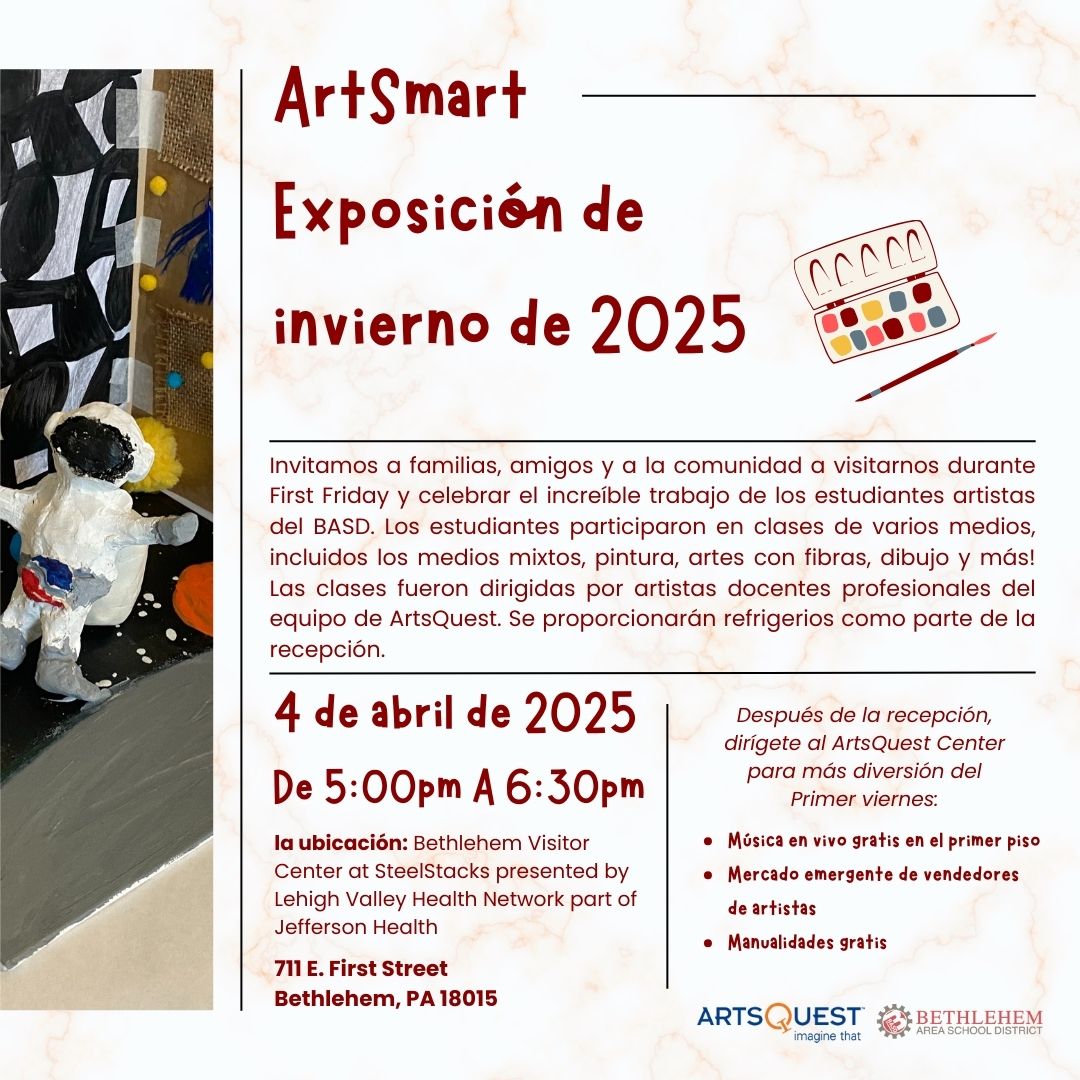 Our bi-annual ArtSmart exhibiton is back on April 4th as part of First Friday! Come out to the Bethlehem Visitor Center pres. by <a href="/LVHN/">Lehigh Valley Health Network</a> part of Jefferson Health to check out the work by the talented <a href="/BethlehemAreaSD/">BASD</a> students. 🎨✨