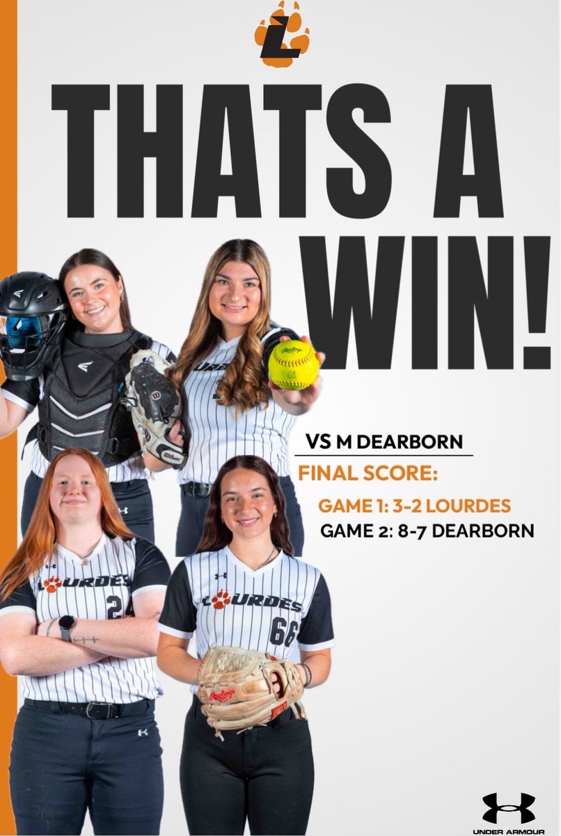 Got our first conference win today against U of M Dearborn. We had a great TEAM win. Shoutout to Kirsten Smith with great pitching in game one and Lindsey McGann, Olivia Hickman, and Maddie Darrah with a homerun a piece. 

Come out and support (3/30) at home times are: 1/3 pm