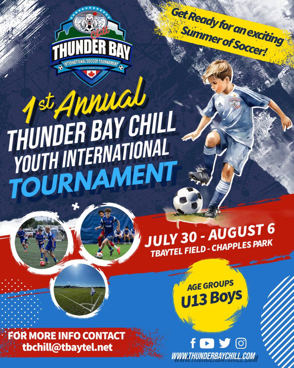 🚨 Thunder Bay Inaugural International Youth Soccer Tournament🚨

🤩 Get ready this summer for an incredible week of Youth Soccer in Thunder Bay! The Thunder Bay Chill is pleased to announce the upcoming 1st Annual Thunder Bay Chill Youth International Tournament!

⚽️ The 2025