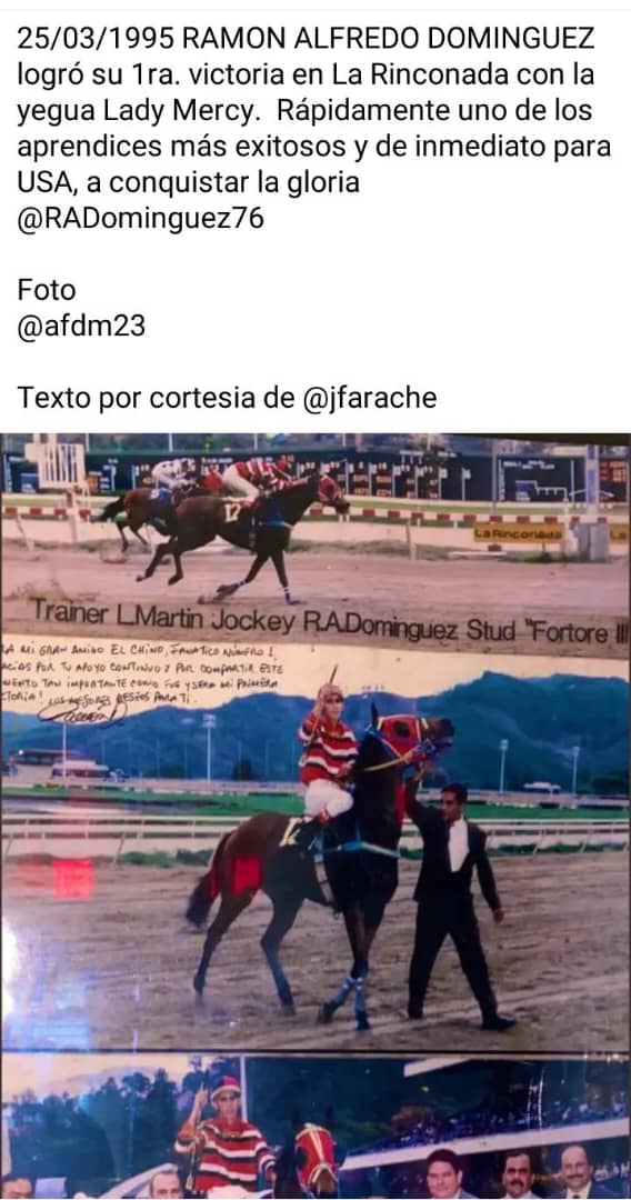 chrisney2010's tweet photo. @CanalHipicaTV @CaribePalma @1st_racing @GulfstreamPark @1STBET_Espanol @1stbet @videohipico @CasellaCampione @ClaudiaSpadaro @artilespascualf @RobertSanchezDR Caribe  te envío la foto de primera carrera ganada por @RADominguez76 en el hipódromo La rinconada. https://t.co/qqEFIOZM2d
