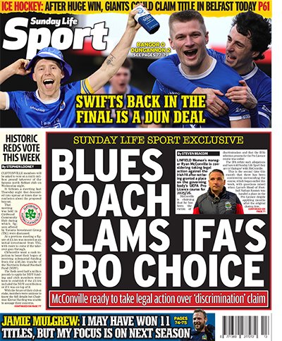 Paul Ferguson (@paulfergusonsl) on Twitter photo First look at the <a href="/TheSundayLife/">Sunday Life</a> <a href="/SundayLifeSport/">Sunday Life Sport</a> Back Page
<a href="/LinfieldFCWomen/">Linfield FC Women</a> manager considering legal action against the <a href="/IrishFA/">Irish FA</a>
<a href="/DgnSwifts/">Dungannon Swifts FC</a> back in the Irish Cup Final
<a href="/cliftonvillefc/">Cliftonville FC</a> set to vote on club takeover this week First look at the <a href="/TheSundayLife/">Sunday Life</a> <a href="/SundayLifeSport/">Sunday Life Sport</a> Back Page
<a href="/LinfieldFCWomen/">Linfield FC Women</a> manager considering legal action against the <a href="/IrishFA/">Irish FA</a>
<a href="/DgnSwifts/">Dungannon Swifts FC</a> back in the Irish Cup Final
<a href="/cliftonvillefc/">Cliftonville FC</a> set to vote on club takeover this week