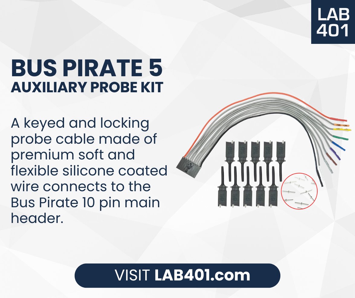 Lab_401's tweet image. 🧩 Enhance your Bus Pirate 5 setup with our Auxiliary Probe Kit! Includes premium silicone-coated cables with 2.54mm Dupont connectors, compatible with various probe hooks and custom-milled breadboard adapter pins. l.lab401.com/RH3JG 
#BusPirate5 #ProbeKit #Lab401