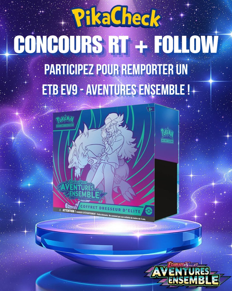 Pikacheck's tweet image. 🔥 Concours ! 🔥
À l’occasion de la sortie d’EV9 – Aventures Ensemble ✨, on vous propose de gagner 1 ETB 🚀

Pour participer :
🔁 RT + ❤️ LIKE + ✅ FOLLOW @PikaCheck

📅 Tirage au sort le 20 avril

(Et ne ratez pas une chance de mettre la main dessus via notre Discord !)
🔔…