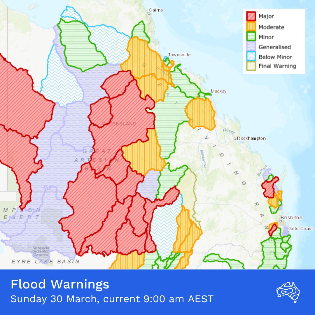 Queensland's widespread flood warnings continue to be updated regularly. 

A flood summary is available here: bom.gov.au/qld/warnings/f…
Full list of warnings: bom.gov.au/qld/warnings/