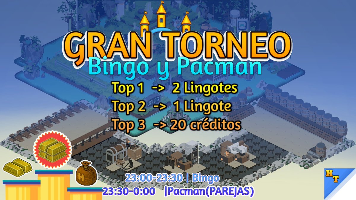 📢🏆 ¡Llega el GRAN TORNEO! 🎮✨

🎲 Bingo &amp;🕹️Pacman (parejas)
🏅 Premios:
🥇 2 Lingotes
🥈 1 Lingote
🥉 20 Créditos
¡Comenzamos AHORA! 🔥⚔️ Únete y demuestra tu habilidad.

habbo.es/room/107306065