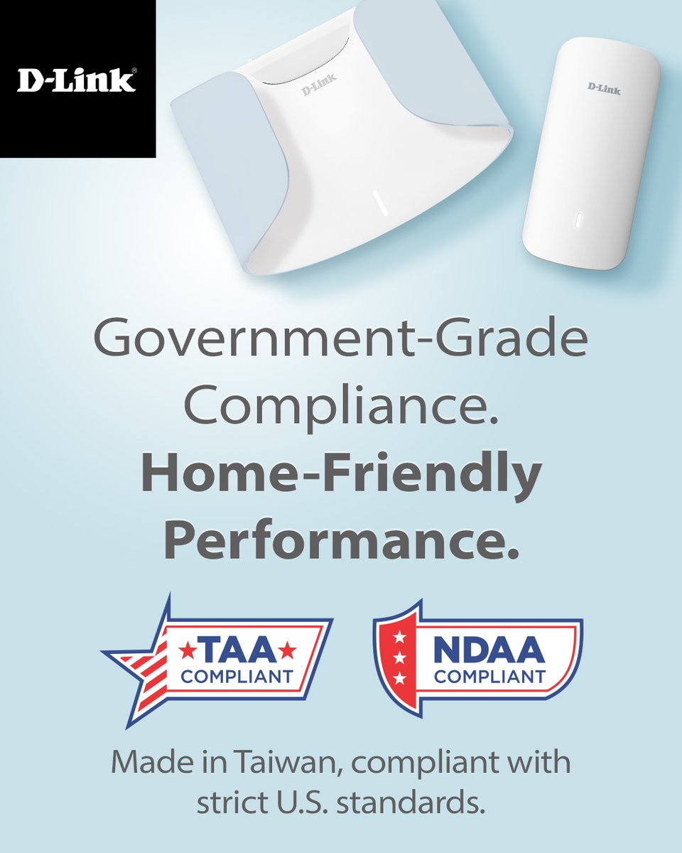 D-Link USA (@dlink) on Twitter photo Need a router upgrade? Our TAA & NDAA-compliant routers are trusted & compliant with current government standards — perfect for your home or office. Shop the D-Link Store for great deals, in-cart bonuses, and free shipping on orders over $30. bit.ly/42x8Yu7 #wifirouter Need a router upgrade? Our TAA & NDAA-compliant routers are trusted & compliant with current government standards — perfect for your home or office. Shop the D-Link Store for great deals, in-cart bonuses, and free shipping on orders over $30. bit.ly/42x8Yu7 #wifirouter