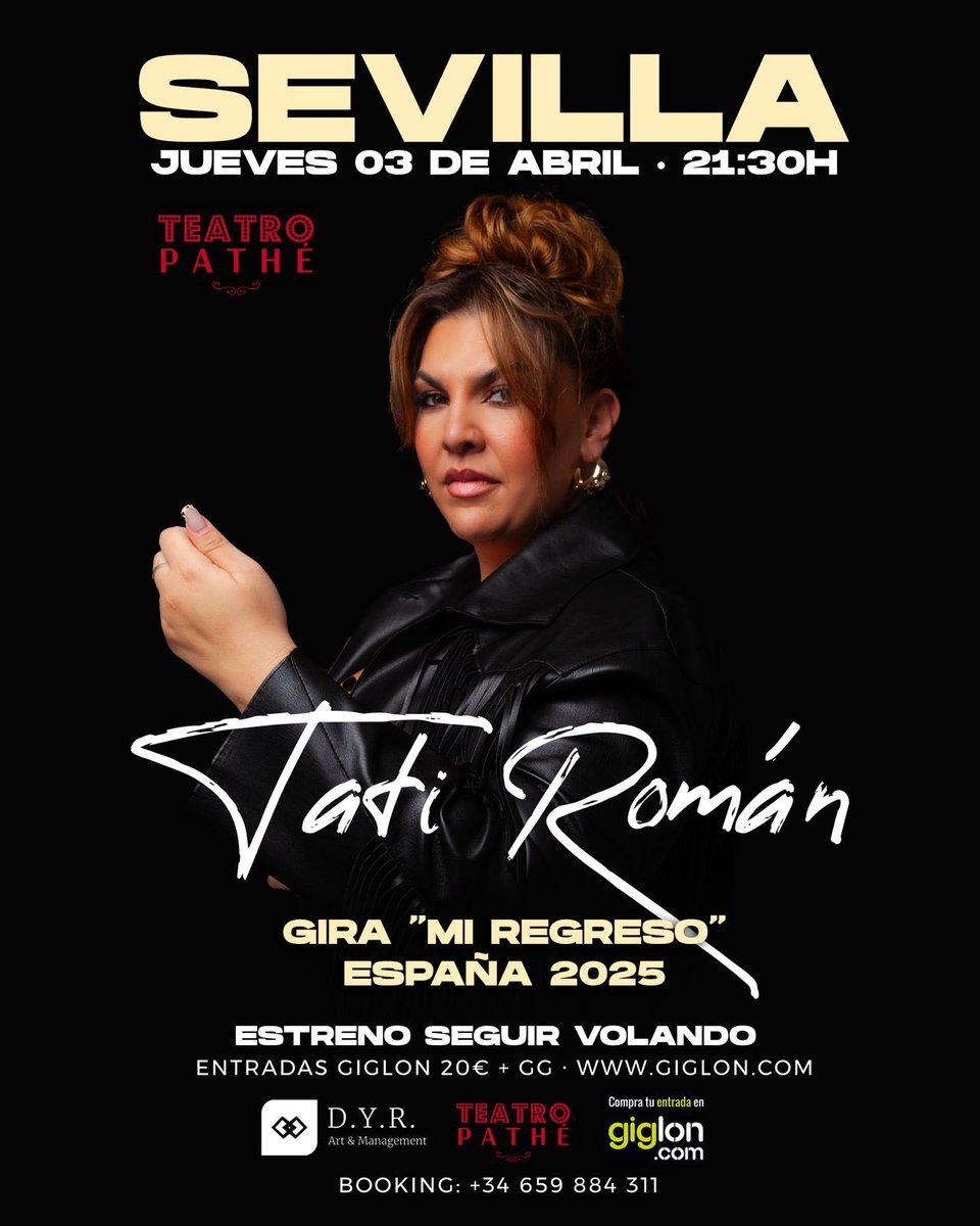 #SEVILLA Nos vemos este próximo Jueves 03 de Abril en el <a href="/TeatroPathe/">Teatro Pathé</a>. Entradas a la venta en Giglon.com. Os esperamos!

#tatiroman #concierto #gira2025 #miregreso #flamenco #fusion #latino #single #seguirvolando
