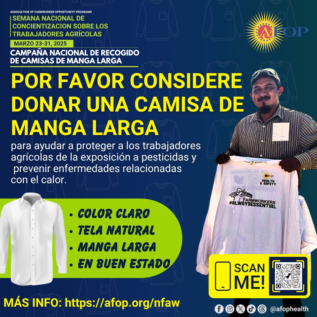 Farmworkers are the backbone of America, working sun-up to sundown, exposing themselves to different weather conditions, pesticides, and chemicals, and harvesting most of the fresh produce we consume. 
🌍afop.org/nfaw/

#NFAW #NFAW2025 #NLSSD2025 #farmworkers #AFOP