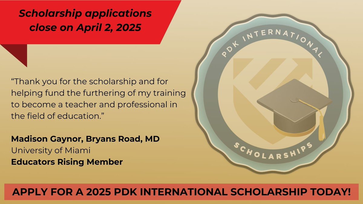 pdkintl's tweet image. Deadline April 2: PDK International awards scholarships from $500 to $5,000 annually to educators pursuing undergraduate and advanced degrees. Apply for 2025’s scholarships now at bit.ly/4c6IMKX