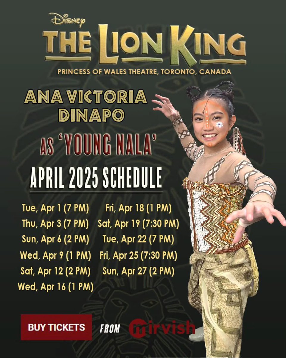 Our talent Ana Victoria as "Young Nala" in the Disney The Lion King!
Let Ana Victoria know when you're coming to the show. Discounts for family and friends, for a limited time only. Please visit @mirvishproductions website for more info. 
See you at the Princess of Wales Theatre!