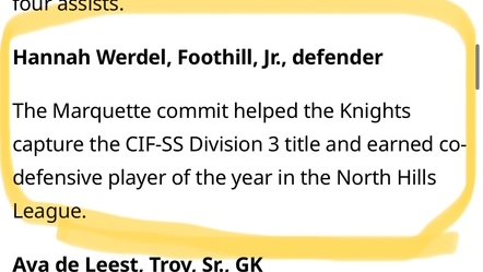 Hannah Werdel - 2026 (@hannah_werdel22) on Twitter photo Amazing end to the HS season! Recognized as 1st Team All-Orange County and <a href="/CIFSS/">CIF Southern Section</a> Div. 3 PoY. Truly humbled by these honors and none of this would be possible without God, my family, teammates, and coaches. <a href="/ocvarsityguy/">Dan Albano</a> <a href="/MarquetteWSOC/">MARQUETTE Soccer</a> <a href="/CoachAllenSTL/">Chris Allen</a> <a href="/PrepSoccer/">Prep Soccer ⚽️</a> <a href="/TopDrawerSoccer/">TopDrawerSoccer</a> Amazing end to the HS season! Recognized as 1st Team All-Orange County and <a href="/CIFSS/">CIF Southern Section</a> Div. 3 PoY. Truly humbled by these honors and none of this would be possible without God, my family, teammates, and coaches. <a href="/ocvarsityguy/">Dan Albano</a> <a href="/MarquetteWSOC/">MARQUETTE Soccer</a> <a href="/CoachAllenSTL/">Chris Allen</a> <a href="/PrepSoccer/">Prep Soccer ⚽️</a> <a href="/TopDrawerSoccer/">TopDrawerSoccer</a>