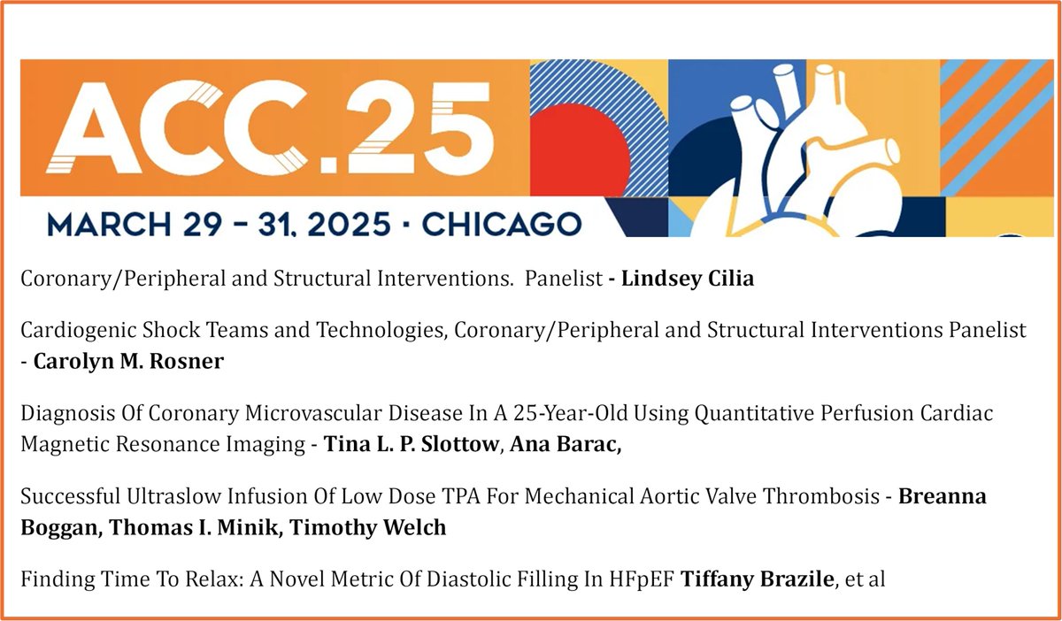 Inova Schar Heart and Vascular (@ishvnews) on Twitter photo Sunday Highlights <a href="/ISHVnews/">Inova Schar Heart and Vascular</a> #ACC25
<a href="/vbluml/">Vanessa Blumer, MD, FACC</a> MCS, staging, phenotyping in CS
<a href="/GarimaVSharmaMD/">Garima Sharma M.D</a>, Women CV Health – advances in Cardiac OB; Post partum SCAD
<a href="/DrDastmalchi/">Lily N Dastmalchi DO, MA</a> Obesity/GLP-1; Food is medicine
<a href="/ShashankSinhaMD/">Shashank Sinha, MD, MSc, FACC, FAHA, FHFSA</a> MCS in CS; Balloon pumps, Impellas, VA ECMO Which is best? Sunday Highlights <a href="/ISHVnews/">Inova Schar Heart and Vascular</a> #ACC25
<a href="/vbluml/">Vanessa Blumer, MD, FACC</a> MCS, staging, phenotyping in CS
<a href="/GarimaVSharmaMD/">Garima Sharma M.D</a>, Women CV Health – advances in Cardiac OB; Post partum SCAD
<a href="/DrDastmalchi/">Lily N Dastmalchi DO, MA</a> Obesity/GLP-1; Food is medicine
<a href="/ShashankSinhaMD/">Shashank Sinha, MD, MSc, FACC, FAHA, FHFSA</a> MCS in CS; Balloon pumps, Impellas, VA ECMO Which is best?