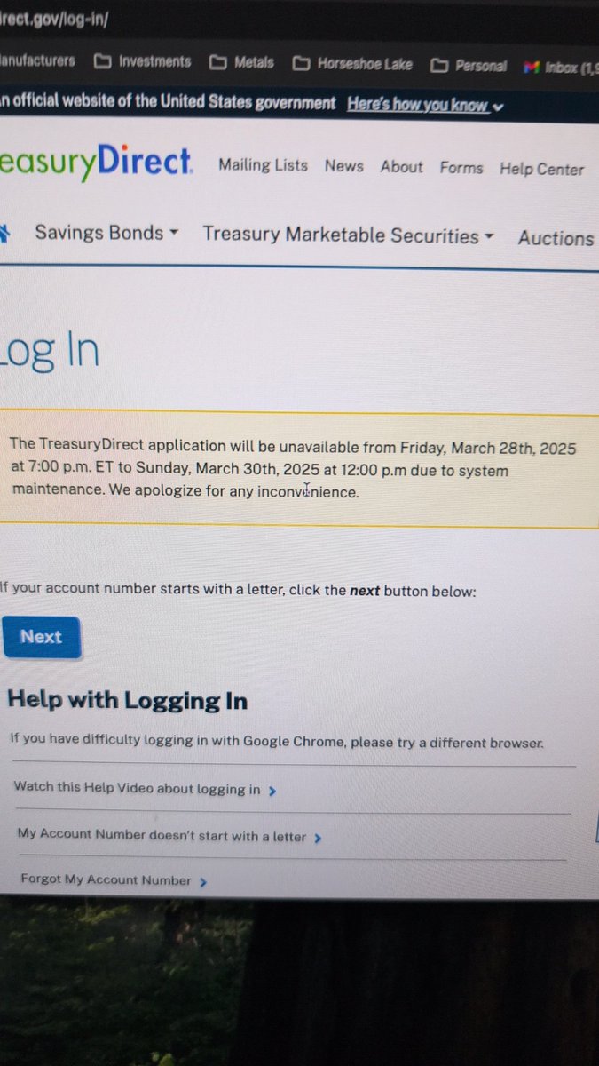 bmin907's tweet photo. Probably the busiest weekend for tax filing and TreasuryDirect website is down for maintenance.  Government buerocracy at its finest.  @DOGE please fix this nonsense. https://t.co/lHWfUhvM28