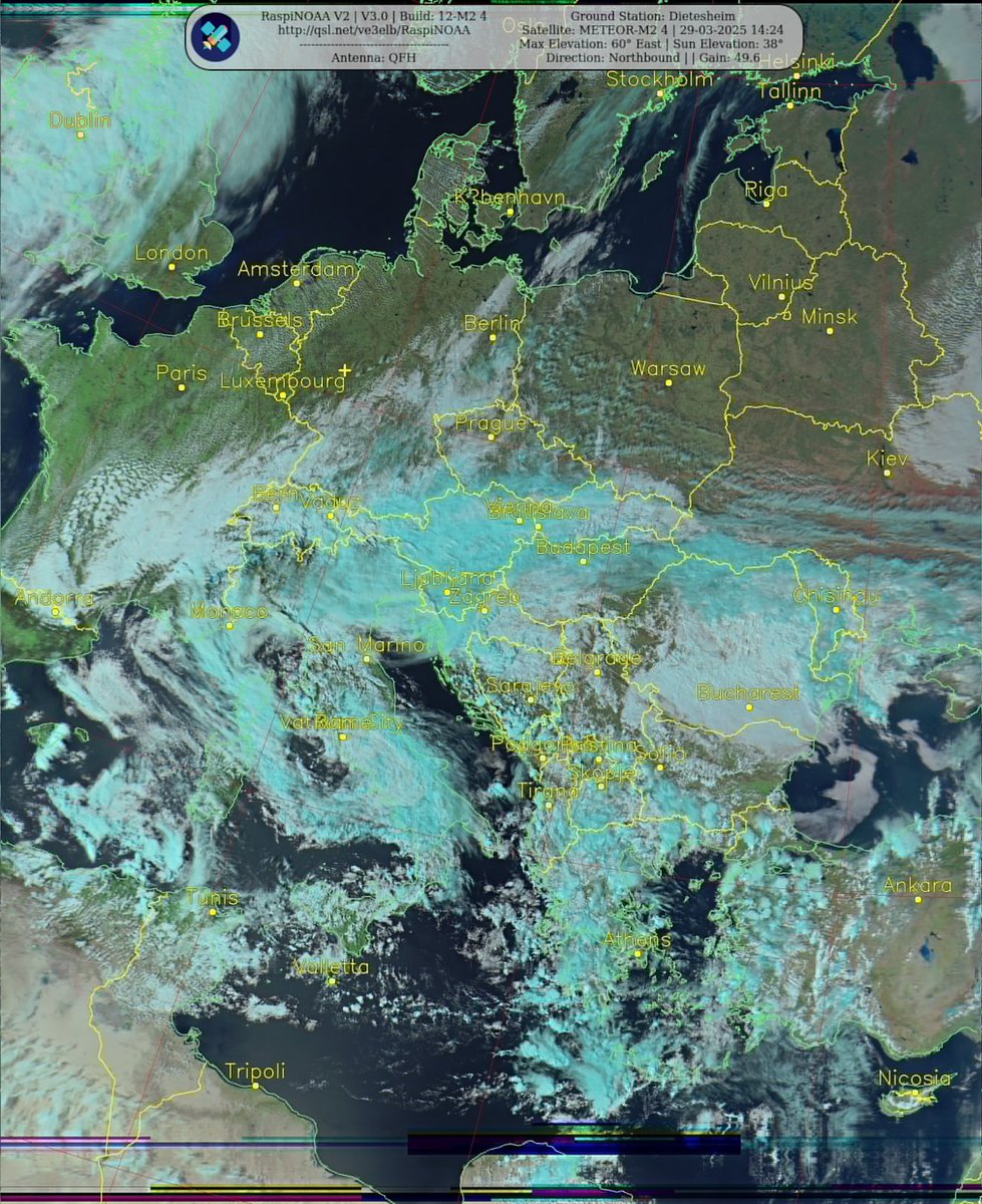 Ground Station: Dietesheim
Satellite: METEOR-M2 4 | 29-03-2025 14:24
Max Elevation: 60° East | Sun Elevation: 38°
Direction: Northbound | | Gain: 49.6