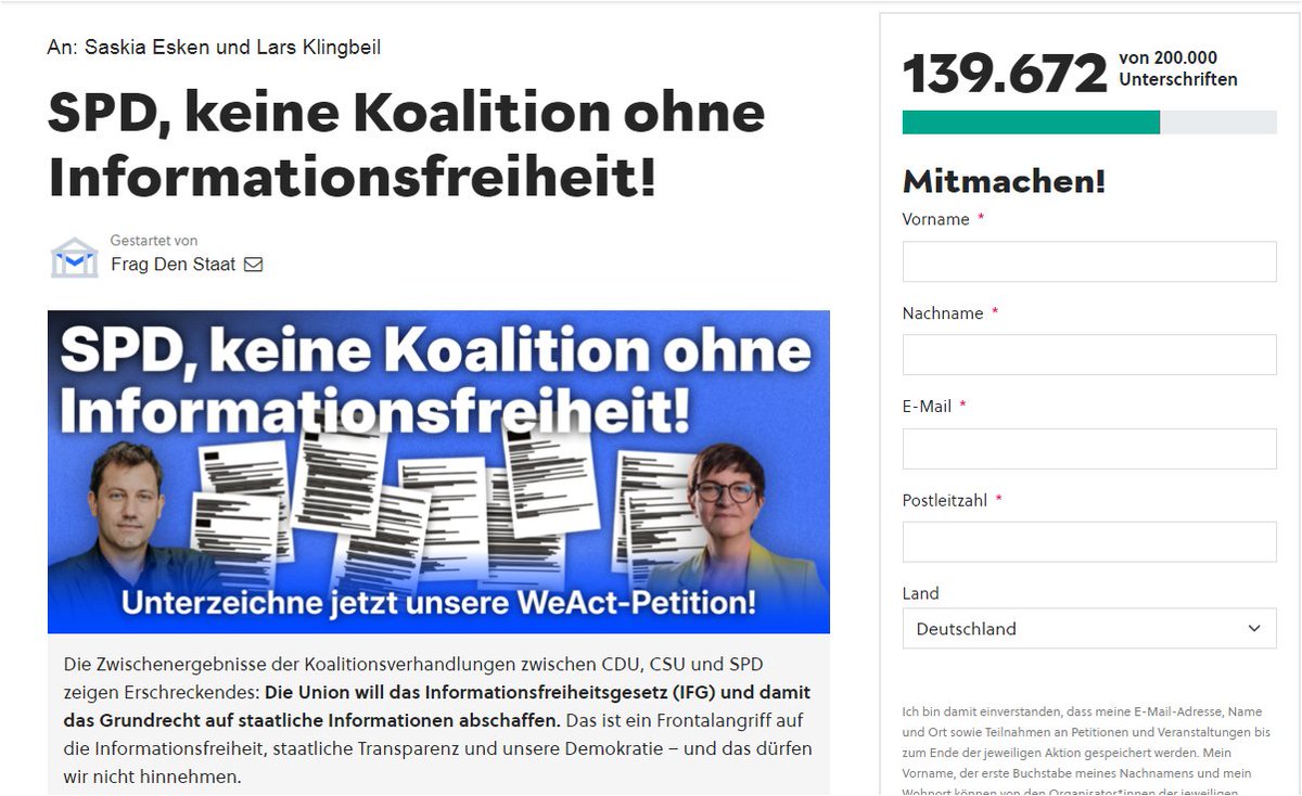 Schon 1⃣4⃣0⃣.0⃣0⃣0⃣ Unterschriften gegen den Versuch der #Union, ein #Bürgerrecht abzuschaffen!

In nur 24 Stunden hat sich die Zahl versechsfacht. Es wäre schön, langsam auch mal von der #SPD etwas dazu zu hören <a href="/larsklingbeil/">Lars Klingbeil 🇪🇺</a> <a href="/PhilippTuermer/">Philipp Türmer</a> 

#Informationsfreiheitsgesetz

1/2