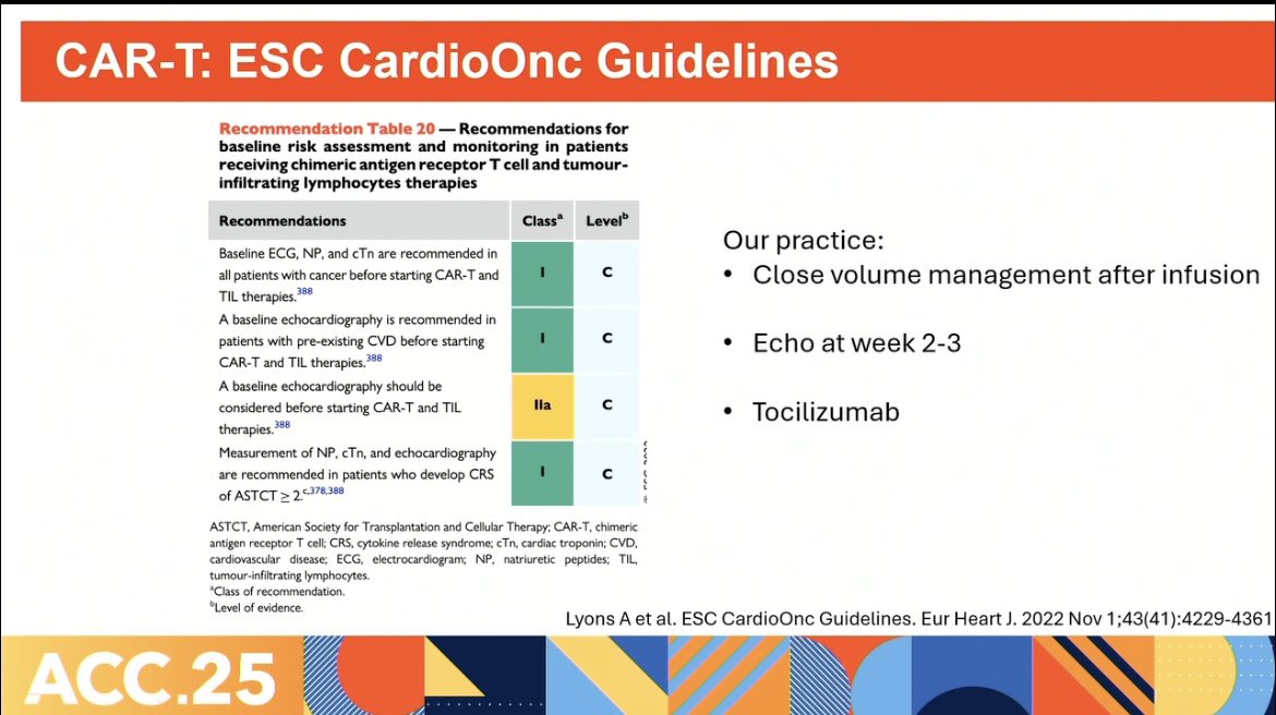 Giselle A. Suero Abreu, MD PhD (@gisellesa_mdphd) on Twitter photo Recap #ACC2025 #CardioOnc session with <a href="/SaadMahmoodMD/">Syed Saad Mahmood, MDđź«€</a>
on CAR-T CV risks:
• De novo atrial arrhythmias (≤5%)
• Cardiomyopathy (3-10%, ~50% recover LVEF)
• ↑ risk of death & financial burden
• Early tocilizumab may ↓ cardiotoxicity Recap #ACC2025 #CardioOnc session with <a href="/SaadMahmoodMD/">Syed Saad Mahmood, MD🫀</a>
on CAR-T CV risks:
• De novo atrial arrhythmias (≤5%)
• Cardiomyopathy (3-10%, ~50% recover LVEF)
• ↑ risk of death & financial burden
• Early tocilizumab may ↓ cardiotoxicity