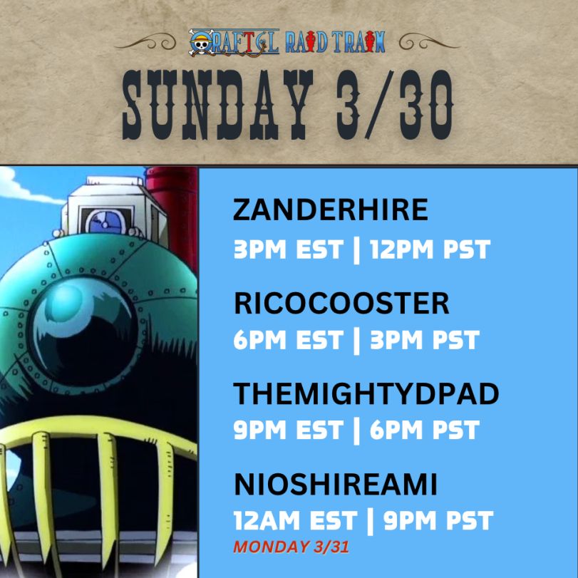 Nioshireami's tweet photo. The Final Day of the #raftelraidtrain is approaching and its been a phenomenal event so far!! Here's what we still have coming up for the final day!!
@seckatai @r3ji_0 @hunnylyfe @scooptheavenger @zanderhire @ricocooster @themightypad
AND The King of the pirates Game Show !! https://t.co/No54mKBpIa