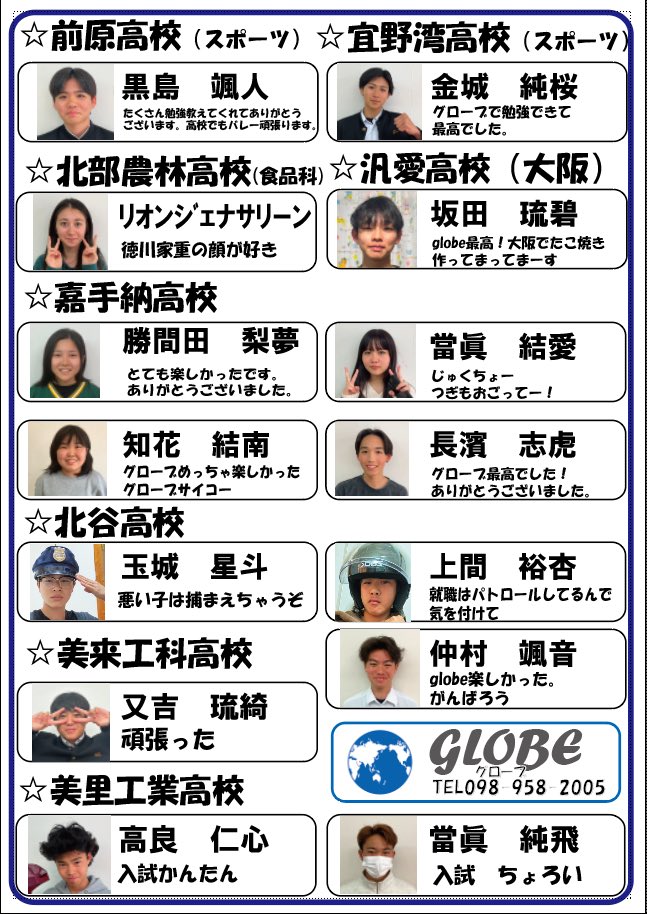 globeyomitan's tweet photo. 遅れましたが、globe16期生、全員合格であります。今回は特色という新しい受験スタイルもあり、また、定期テストが廃止されての受験でもあり、いろいろ読めないところもありましたが、みんな頑張ってくらましたとさ。 https://t.co/ySg6T59UVZ