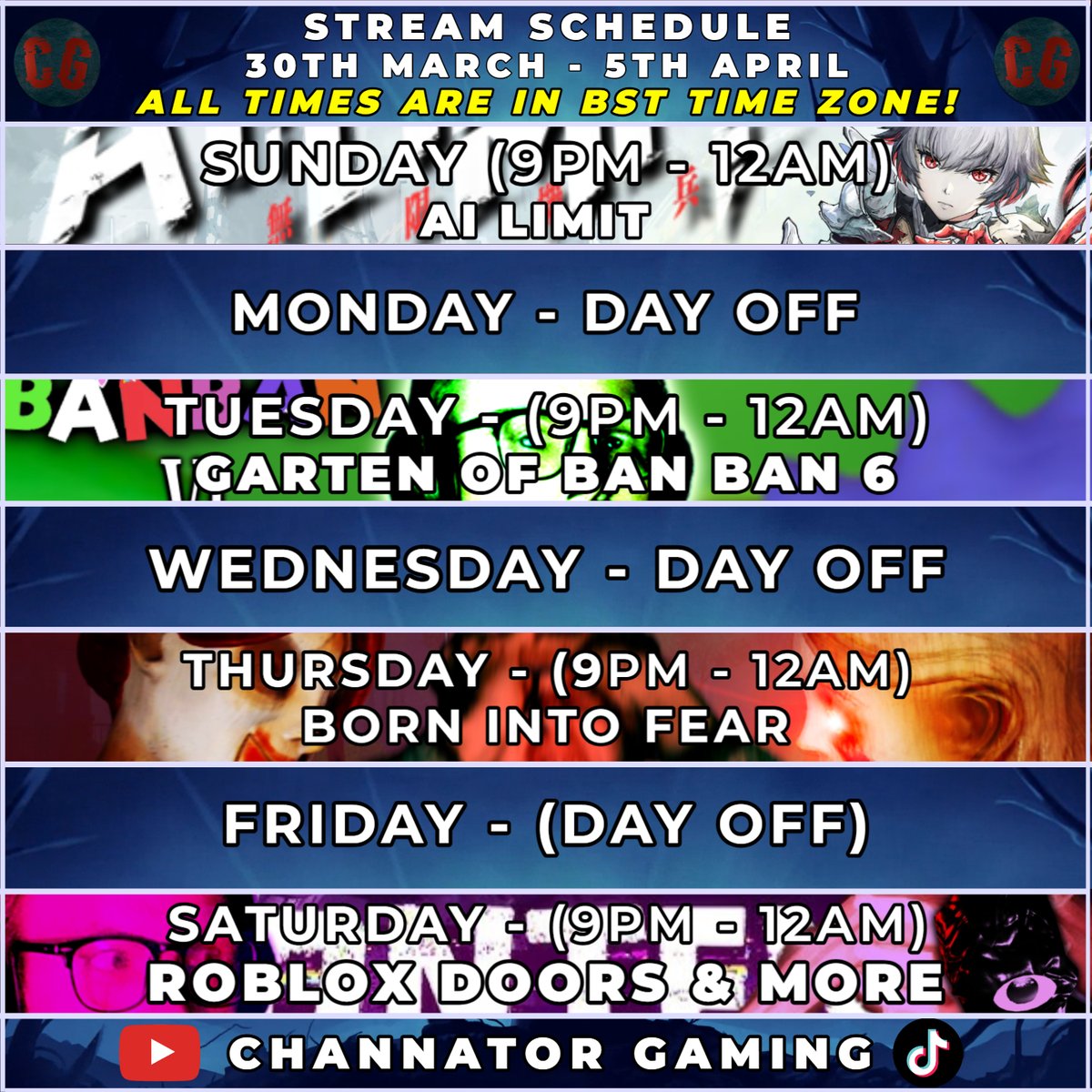 ChannatorGaming's tweet image. Chan’s Weekly Stream Schedule (Mar 30th - 5th April) 📆

Here’s what’s coming up this week! Mark your calendars and don’t miss out! (May Change)

Catch all the action live on YouTube or over on TikTok! 
#channator #youtuber #streamer