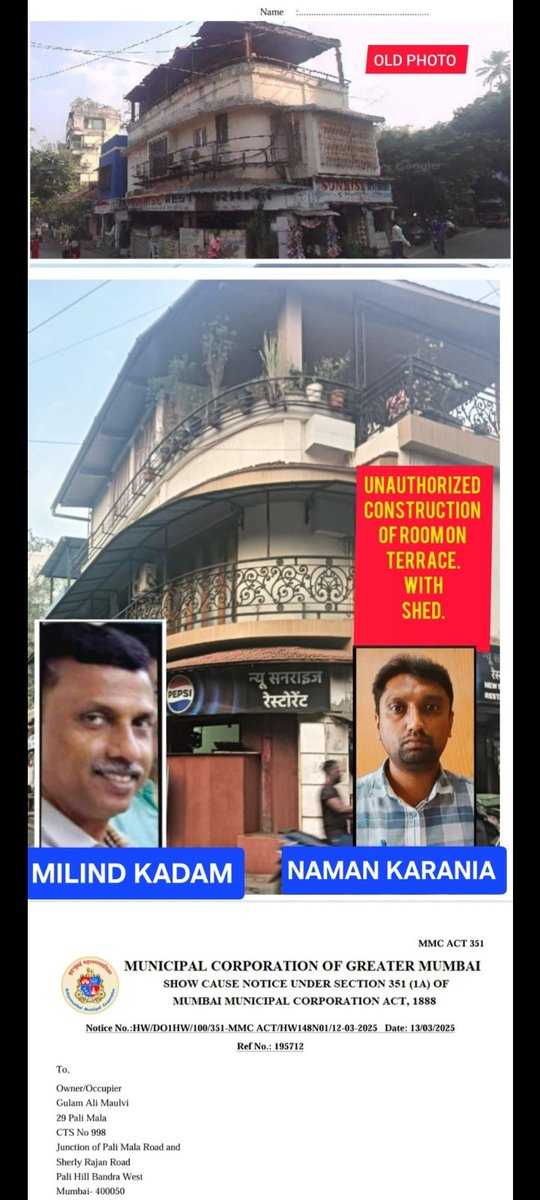 HashimIsmailSh2's tweet image. Un unthorised contraction had done on the open terrace with the help of HW bmc officials . AE Naman SE pawar r hand in gloves notice issued on 13 .3.25  no action so far there hands r totally in glovs n blind eye @mybmcWardHW @CMOMaharashtra @mieknathshinde @MCGMConstPermit