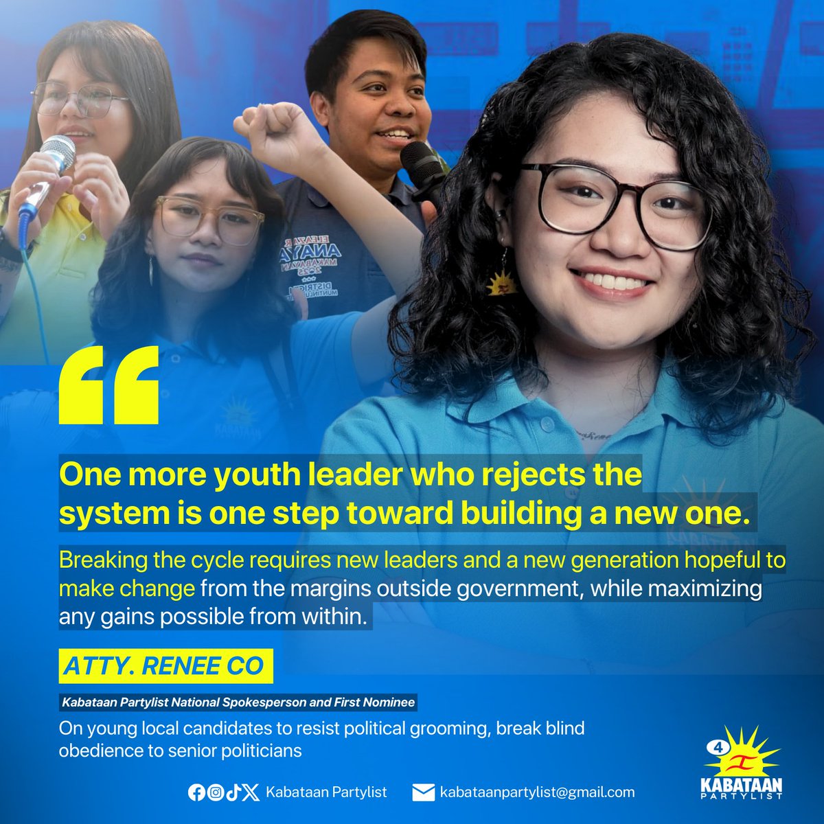 'Huwag papakain sa sistema': Kabataan Partylist calls on young local candidates to resist political grooming, break blind obedience to senior politicians 

The ballot list for local elections are often dominated by older incumbents and equally old rivals, often representing