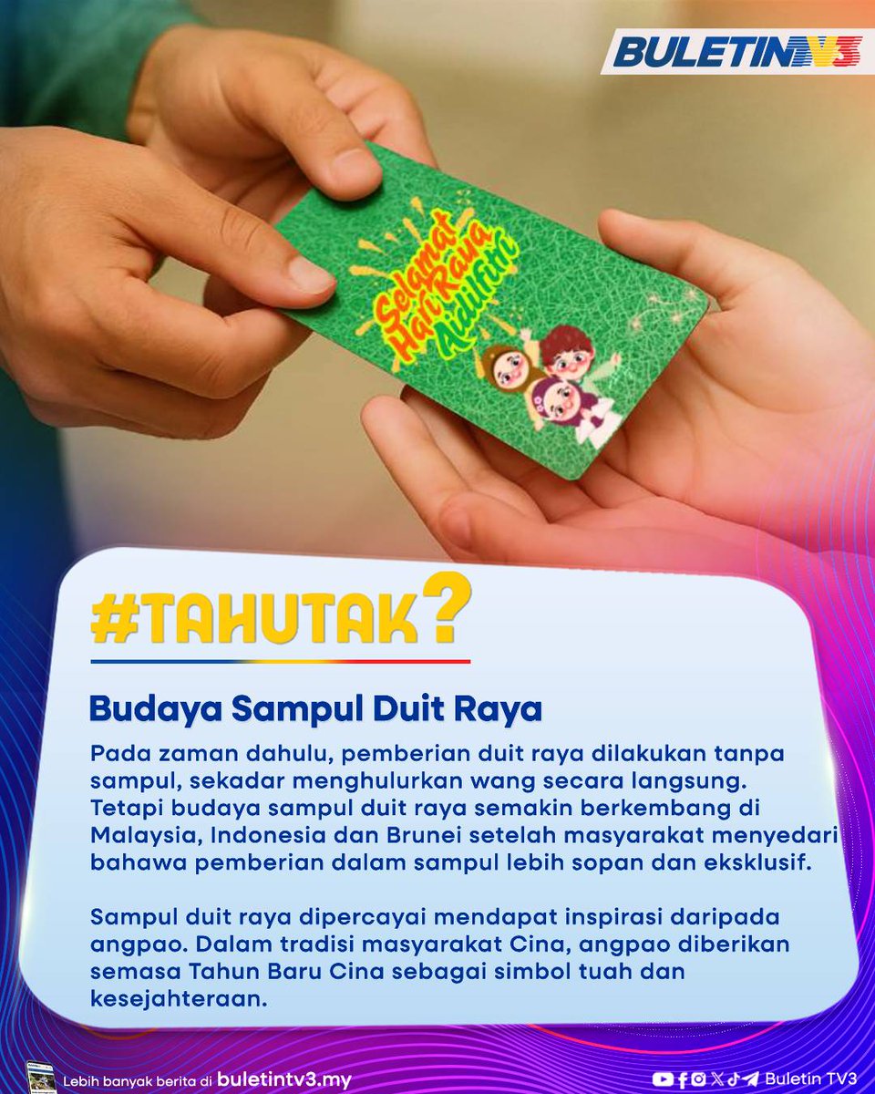 BuletinTV3's tweet image. Sampul duit raya kini bukan sahaja berfungsi sebagai cara memberi wang dengan lebih sopan dan eksklusif, tetapi juga sebagai simbol kemeriahan dan adat dalam sambutan Hari Raya Aidilfitri.

#BuletinTV3 #SampulRaya #TahuTak