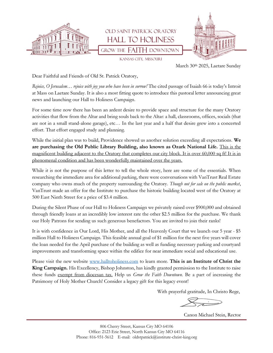 OldStPatsKC's tweet image. Pastoral letter announcing great news & launching our #HallToHoliness Campaign: halltoholiness.com/media-kit
"We are purchasing the Old Public Library Building, also known as Ozark National Life. This is the magnificent building adjacent to the Oratory that completes our city block."