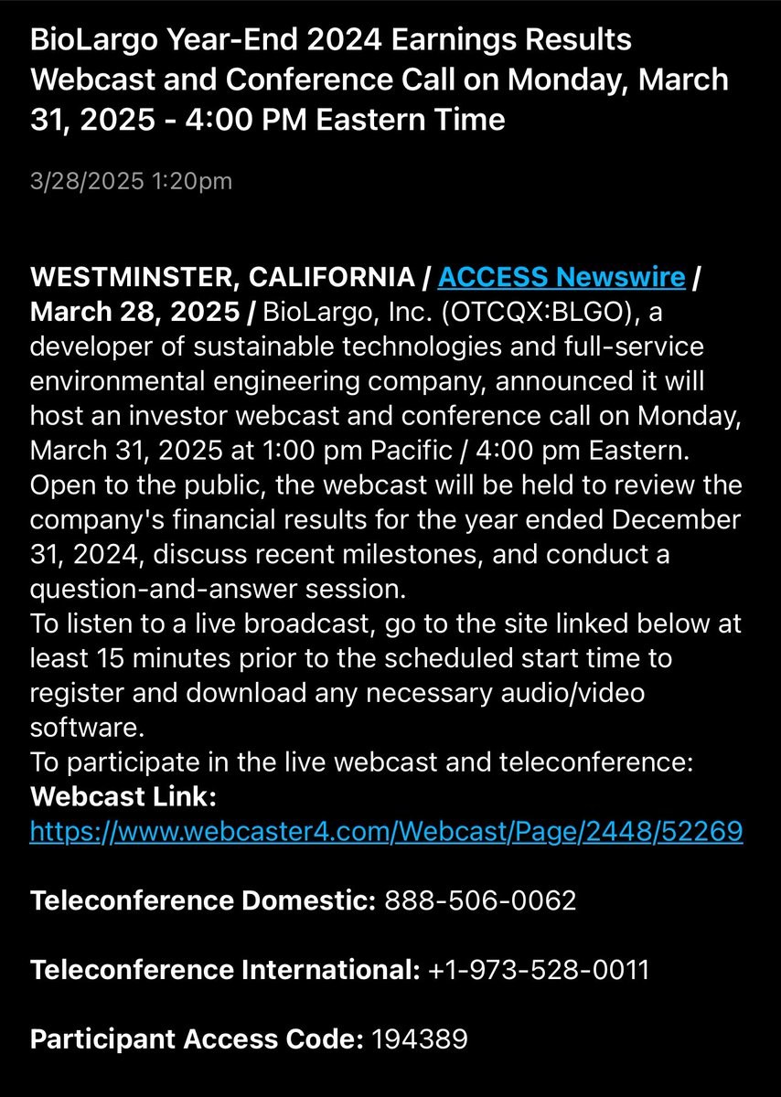 ToddAnalytics's tweet photo. $BLGO 2024 YE Earnings AH 3/31. Anticipating #PFAS #AEC Lake Stockholm + EPA collab updates.
๐ Feb 2025 @WaterOnline podcast: https://t.co/4iRAXKugjc
๐ PFAS Tech: https://t.co/r9dzJoPSkK
๐ #TradersQue coverage: https://t.co/KpMt9kvrQn
#CleanWater #BioLargo https://t.co/RP0Q9J2k0P