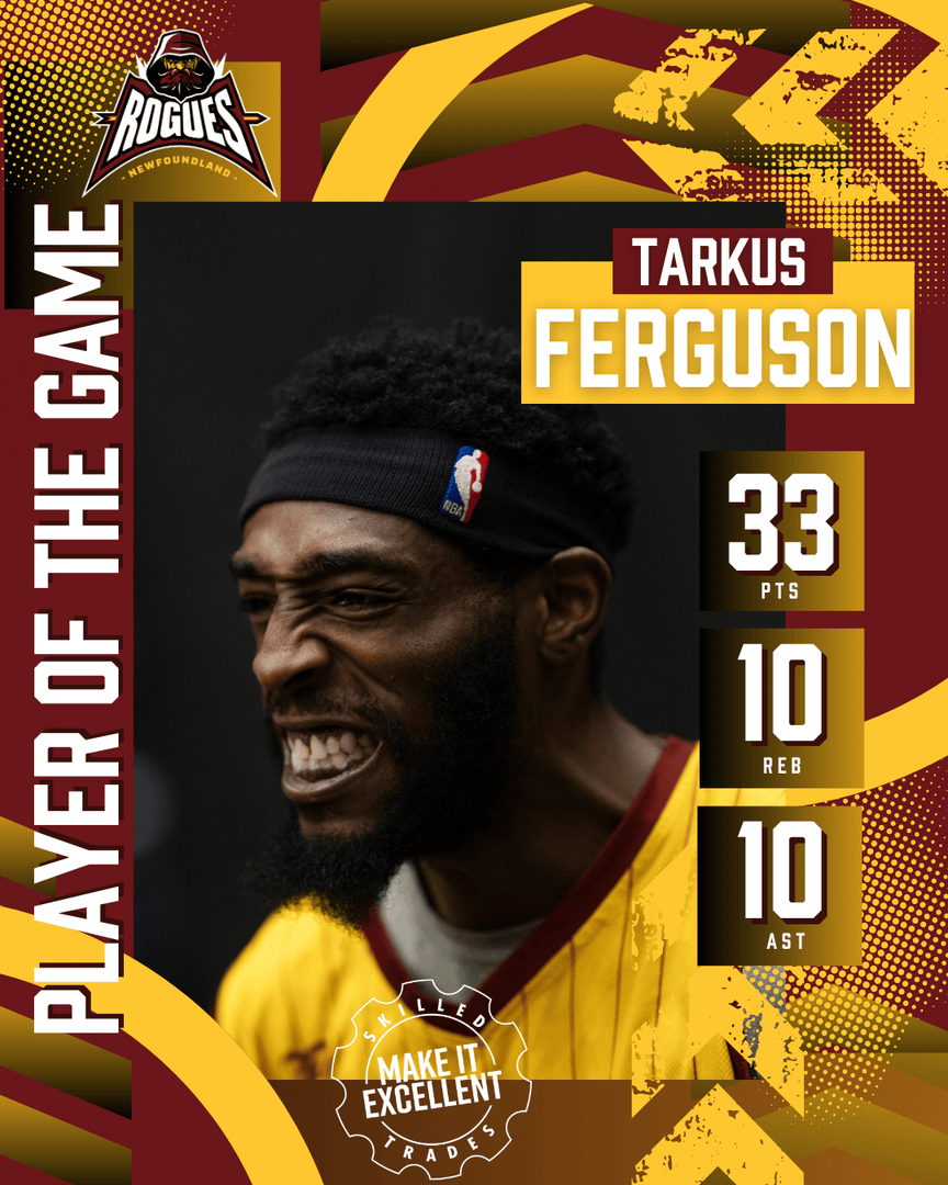 nfldrogues's tweet photo. It's a Triple-Double for Tark!
Tarkus Ferguson is your final Excellent Player of the Game for the 2024/25 season!🏀
Proudly sponsored by Make It Excellent - Skilled Trades "Learn from the best to be the best"
#MakeItExcellent #newfoundland #NewfoundlandRogues #gorogue #POG #ad #bethebest #skilledtrades