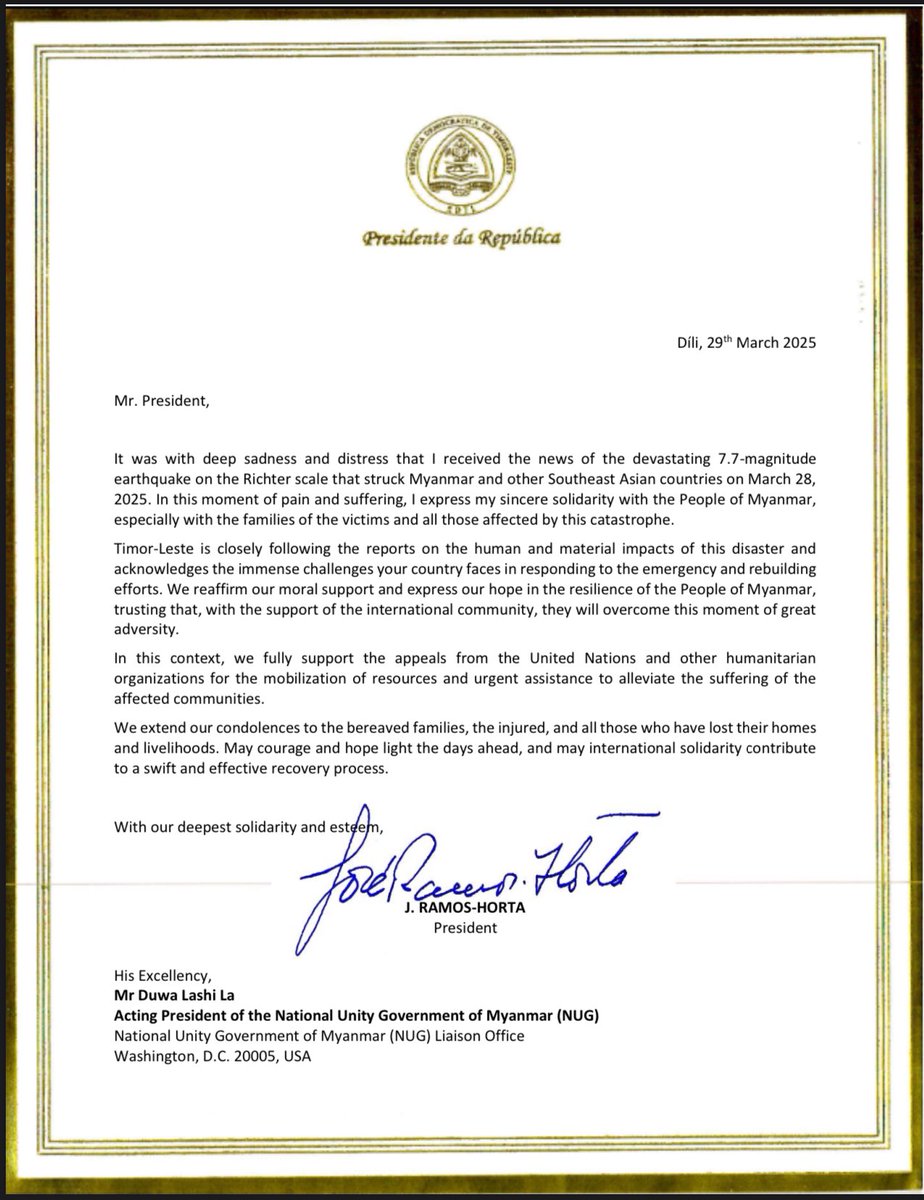Thank you President Ramos-Horta for your letter and condolences at this tragic time for Myanmar. We are grateful for your continued support and solidarity.