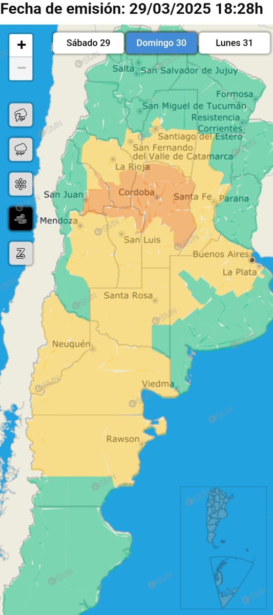 ⚠️ #Alertas para mañana 30 MAR: 

⛈️ #Tormenta
⚠️ Lluvias intensas
🟧 30-70 mm con ráfagas > 100 km/h
🟨 15-40 mm con ráfagas > 70 km/h
🧊 Granizo 

🌬️ #Viento
🟧 50-65 km/h con ráfagas > 90 km/h
🟨 30-60 km/h con ráfagas > 80 km/h 

📲 Más info en smn.gob.ar/alertas