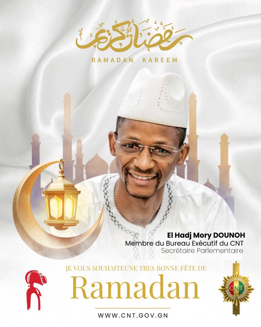 Aïe El-Fitr:
En cette fin de Ramadan, je vous souhaite mes vœux les plus sincères de joie, de bonheur et de prospérité. Je prie Allah qu’il accepte nos prières et jeûne. Que cette fête soit un moment de partage, de solidarité et de paix pour nous et vos proches. 🇬🇳🇬🇳🇬🇳