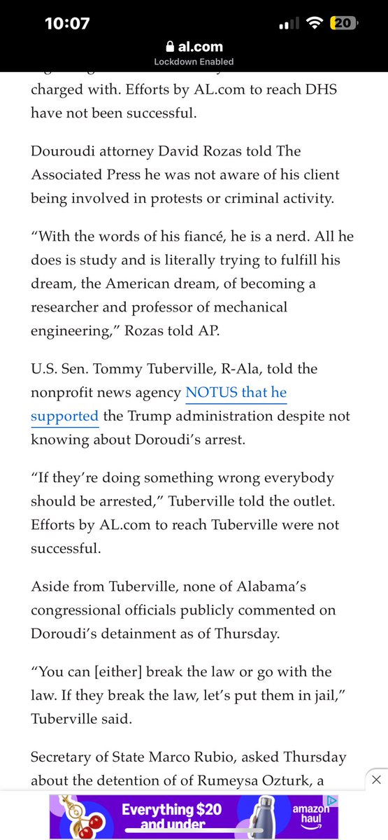 The case of the Iranian student in Alabama is one of the craziest. No evidence he was even involved in protests, his fiancée calls him a “nerd” who was cramming away at his mechanical engineering degree. Govt feels no obligation to tell the public why he is locked up without