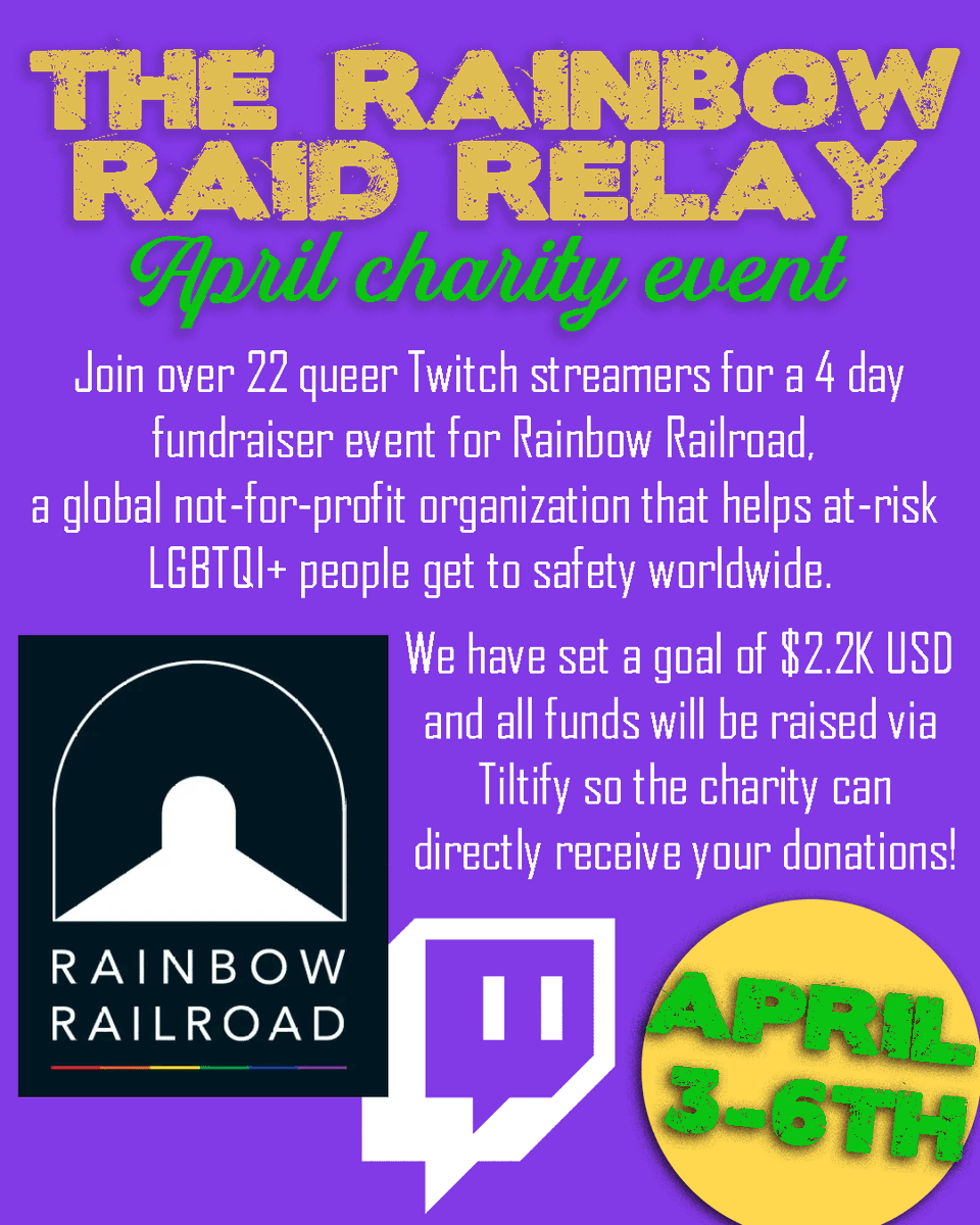 This coming week come hang with our crew while we raise money for <a href="/RainbowRailroad/">Rainbow Railroad</a> 

<a href="/IskaCosplay/">Iska Cosplay</a> <a href="/AlphonseMcSteel/">TheCoffeeCorner (Commissions Open)</a> <a href="/NerdyFiona/">Fiona Wright</a> <a href="/thriftshakes/">ThriftstoreMilkshakes✨</a> <a href="/AnjaKeister/">👻Anja Keister 👻</a> <a href="/thatjayjustice/">Jay Justice ♿️🇯🇲🏳️‍🌈</a> <a href="/Heyy_Juni/">Heyy_Juni</a> <a href="/PapiOddly/">PapiOddly➡️🦋Bluesky✨</a> <a href="/jayxr123/">Jay Lopez</a> <a href="/AkaiFlora/">AkaiFlora</a> <a href="/ConsortGaming/">Consort.bsky.social</a> and more!

donate here: tilt.fyi/HUELARboPd
